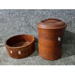 A wooden ice bucket with lid 29cm high, and a circular bowl 25.5cm diameter.