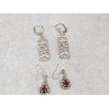 2x pairs silver drop earrings. 1x marquisette + red stone drops . 1x ornate silver drops . 13.8g