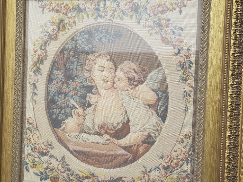 Pair of late Victorian to early 1900s french tapestries in gilt frames, 55cm x 61cms - Image 2 of 3
