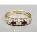 Ladies 9ct yellow gold garnet & cubic zirconia band, comprising of 3 cubic zirconias plus 2x round