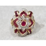 Gold art deco style ruby and diamond ring, 7.3g gross, size O