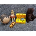 Mixed lot including childs Powermite Jigsaw, wooden car & globe, bear lidded box and Merrythought
