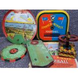 Selection of vintage tin games including spinner winner football, Chad Valley any number etc