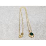 Ladies 9ct yellow gold green agate pendant + chain , featuring a oval green agate stone set in fancy