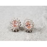 Silver pink and white cz cluster stud earrings