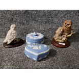 Two owl ornaments by Border Fine Arts and Country Artists, and two Wedgwood blue jasperware