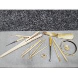 Early 19th century bone objects including crochets, shoe horn and sprung chopsticks