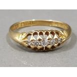 Ladies 18ct yellow gold antique diamond ring, comprising of six diamonds set across ring, size O,
