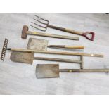 Antique gardening tools to include spades and fork etc.