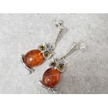 Pair of silver 925 amber style owl drop earrings