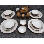 19 pieces of brown & white Denby dinnerware, including teapot, salt & pepper mill, bowls, plates