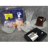 boxed 7 piece crystal whisky set, whitbread advertising tankard, various pieces of crystal and boxed