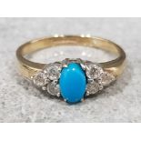 Ladies 9ct yellow gold turquoise & cubic zirconia ring, featuring a oval turquoise in the centre