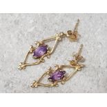 9ct yellow gold ornate amethyst drop earrings, 1.1g gross