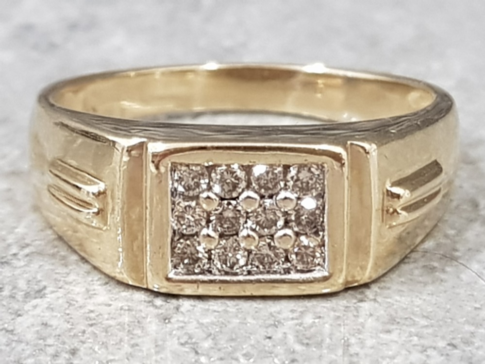 Gents 9ct yellow gold diamond floodlite cluster ring, comprising of 12 round brilliant cut