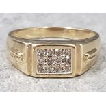 Gents 9ct yellow gold diamond floodlite cluster ring, comprising of 12 round brilliant cut