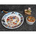 Disney items to include a snow white plate, dopey on steps, trinket and Toy Story reel.