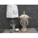 Ceramic Le Torri italian twin handled lidded urn together with crystal effect table lamp & shade