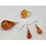 9ct yellow gold synthetic amber ring , drop earrings + matching pendant. Ring size 0