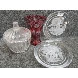 Pair of vintage Hoya japan art glass plates with floral designs together with ruby coloured vase and