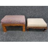 2 wooden upholstered footstools one with intricate floral decoration