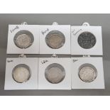 5x indian silver ½ rupee coins dated 1919/1938/1940/1943/1945 plus 1 indian silver 1 rupee coin