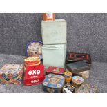Large box of miscellaneous vintage tins, various shapes and sizes