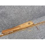 Three piece James.B.Walker split cane fly fishing rod, with original protective cover