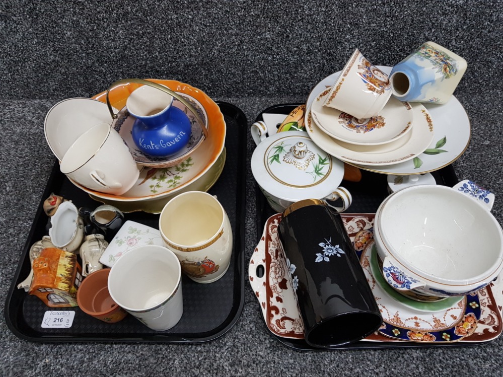 Two trays of miscellaneous pottery including Noritake, Masons commemorative cups and saucers etc