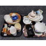 Two trays of miscellaneous pottery including Noritake, Masons commemorative cups and saucers etc