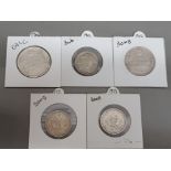 2 x indian silver 1 rupee coins 1905/1906 plus 3 x indian silver ½ rupee coins 1917/1918/1942