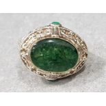 Silver plated green stone ring, size Q, 11.1g gross