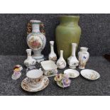 Box of miscellaneous china including Aynsley ware, gilt twin handled urn, large vase, glass