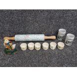 A painted cast iron humpty dumpty door stop, ceramic rolling pin, hornsea egg cups and two Chinese