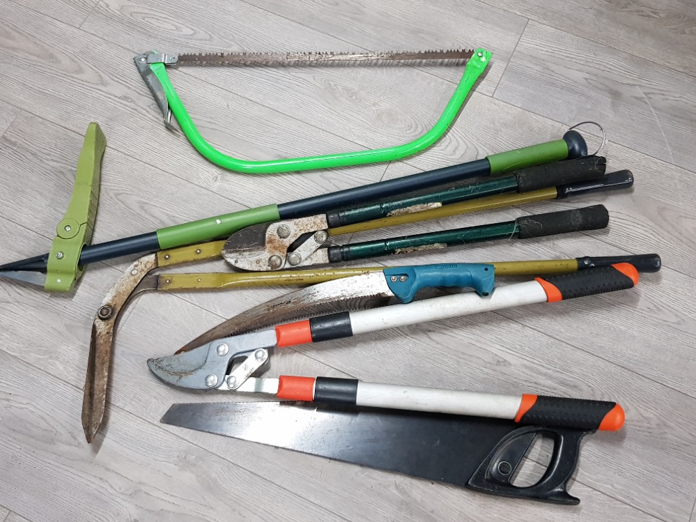 Garden tools to include saw and loppers.