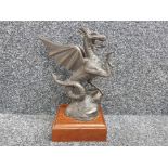 Large bronze effect welsh dragon sculpture on wooden base, height 28cm