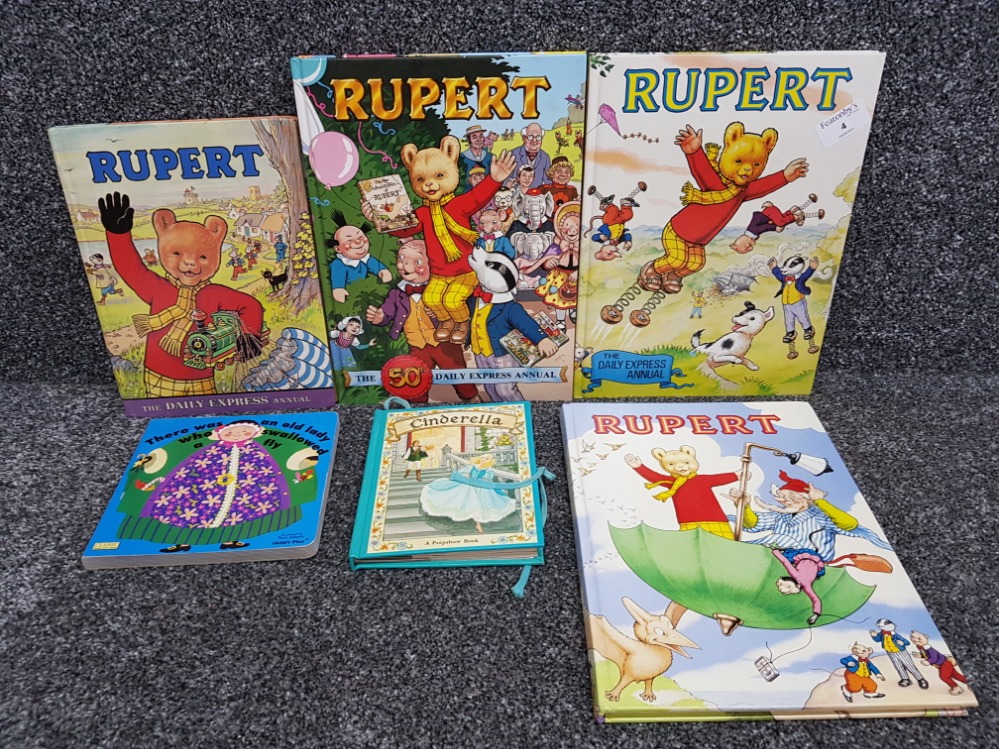 6 vintage childrens books including 4x Rupert the bear annuals, Cinderella peepshow book & Old