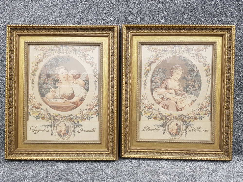 Pair of late Victorian to early 1900s french tapestries in gilt frames, 55cm x 61cms