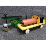 2 large vintage wooden toys, train engine and mamod steam tractor