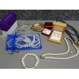 Lot of costume jewellery including silver & CZ earrings, bangles, cultured pearl necklaces and