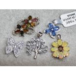 5 silver pendants, all different stones, 4 floral plus 1 butterfly style