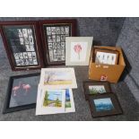 Pictures and cigarette cards to include footballers, watercolour of a castle, signed prints etc.
