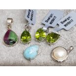 3 x 925 silver & lime green pendants plus three others