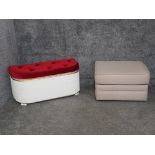 A white painted lloyd loom blanket box with cushioned cover, and a pouffe.
