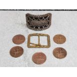 2 french belt buckles & five 5c french coins dated 1902, 1907, 2x 1912 & 1913