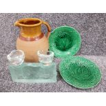 Heavy glass 2 way tea light holder together with 2x green leaf plates & large stoneware style jug