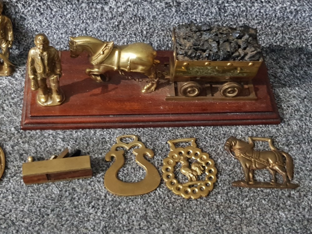 Brassware to include figures of miners and a pair of miniature miners lamps, horse brasses, - Image 3 of 3