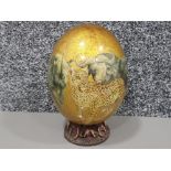 South African Decoupage ostrich egg hand painted with white rhinoceros, Lion, Leopard, cape