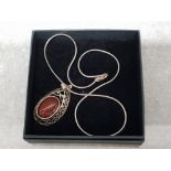 Silver & cornelian pendant and silver chain, 11.1g gross