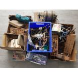 Miscellaneous hand tools and power tools to include clamps drill bits etc in 3 boxes.